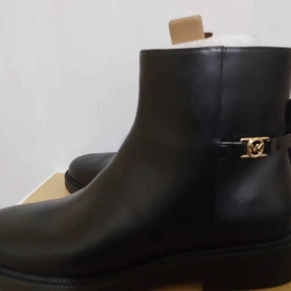 MICHAEL Michael Kors Black Leather Ankle Boots with Gold Zipper Pull - Picture 11 of 13